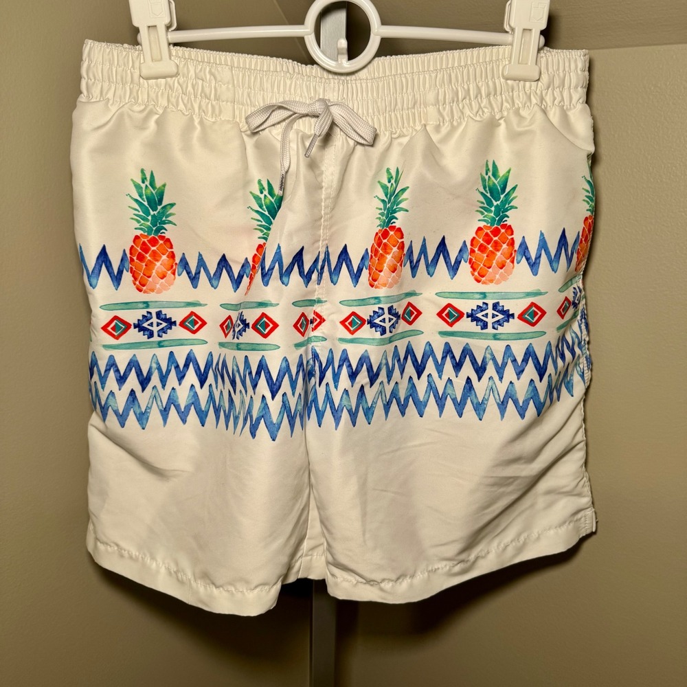 Chubbies Mens Large Pineapple Aztec Geometric Print Swim Trunks White Blue Red‎